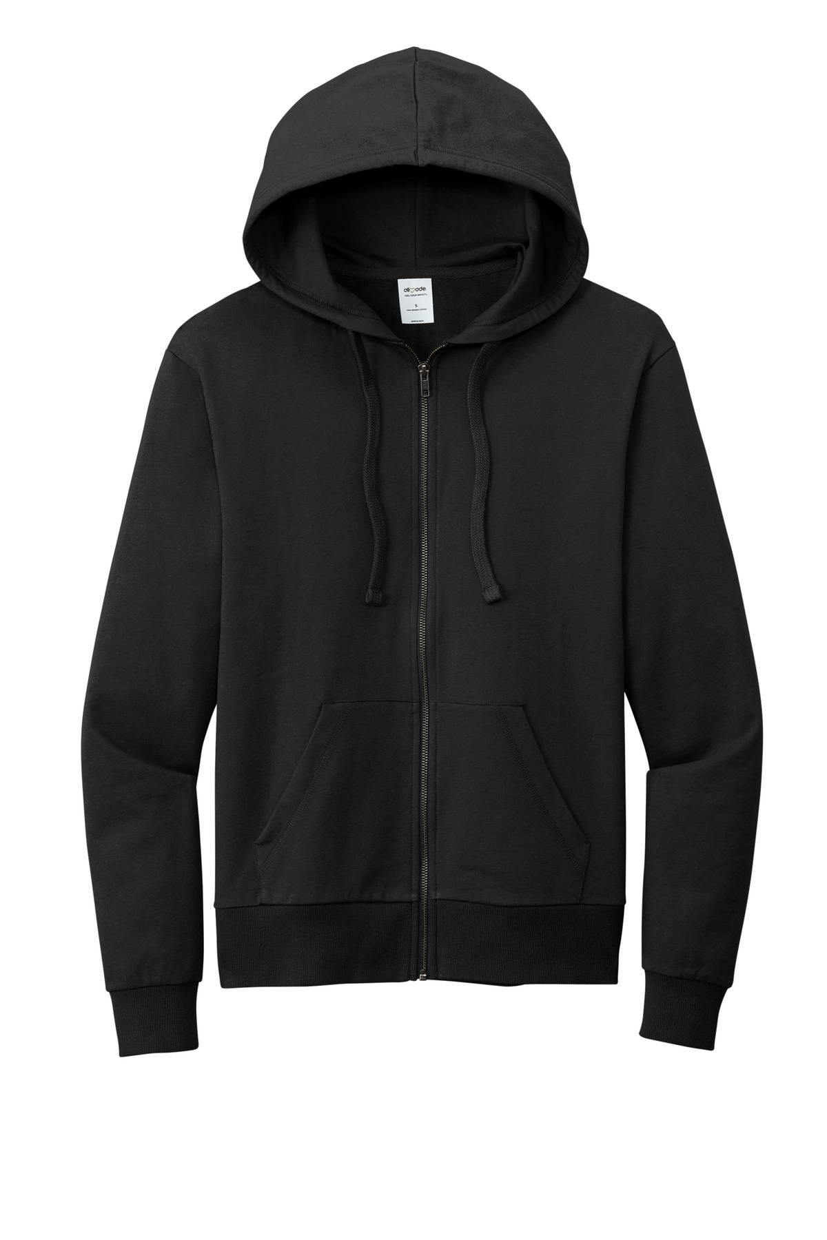 Unisex Organic French Terry Full-Zip Hoodie Deep Black - front flat