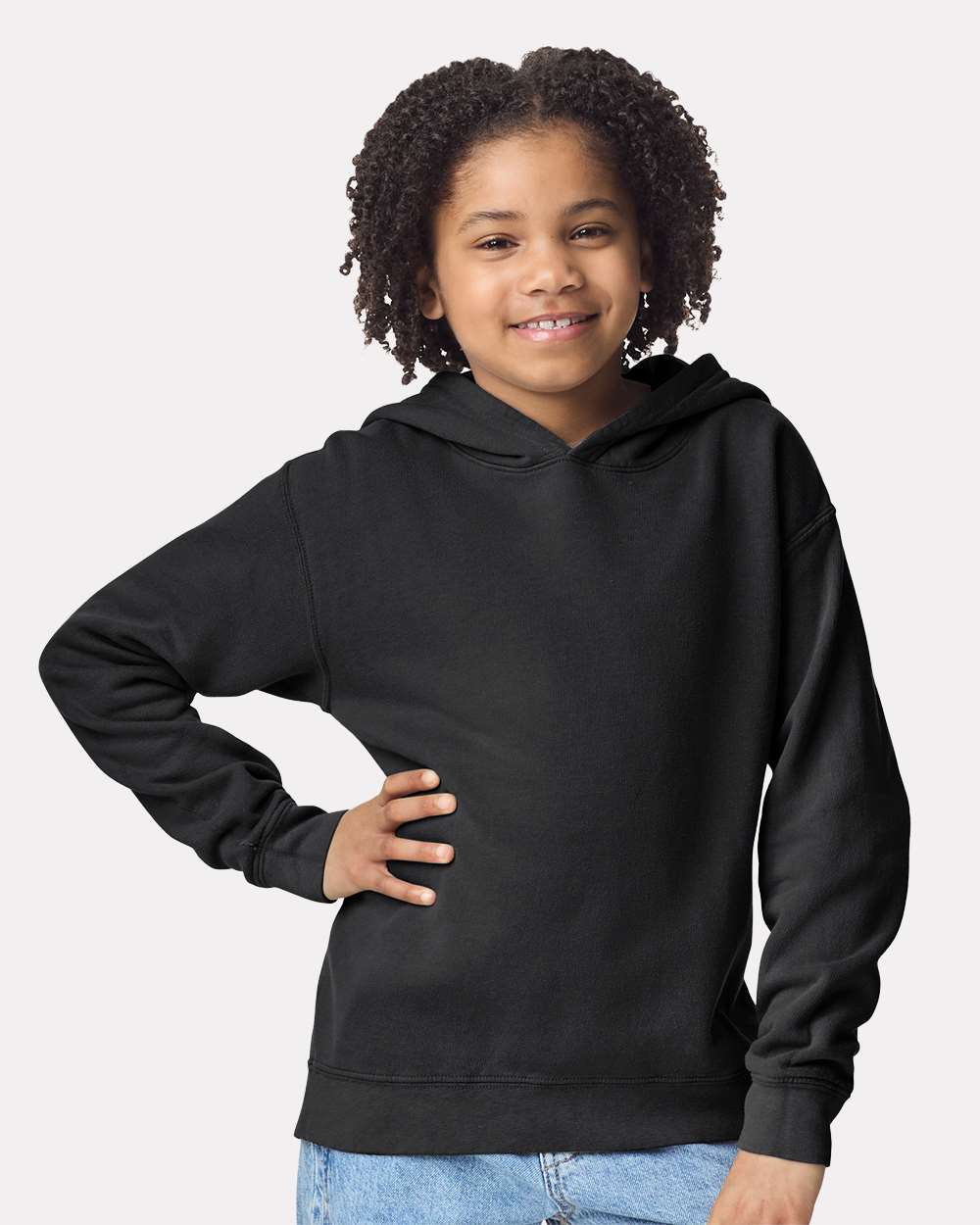 Youth Garment-Dyed Lightweight Fleece Hooded Sweatshirt Black - model front