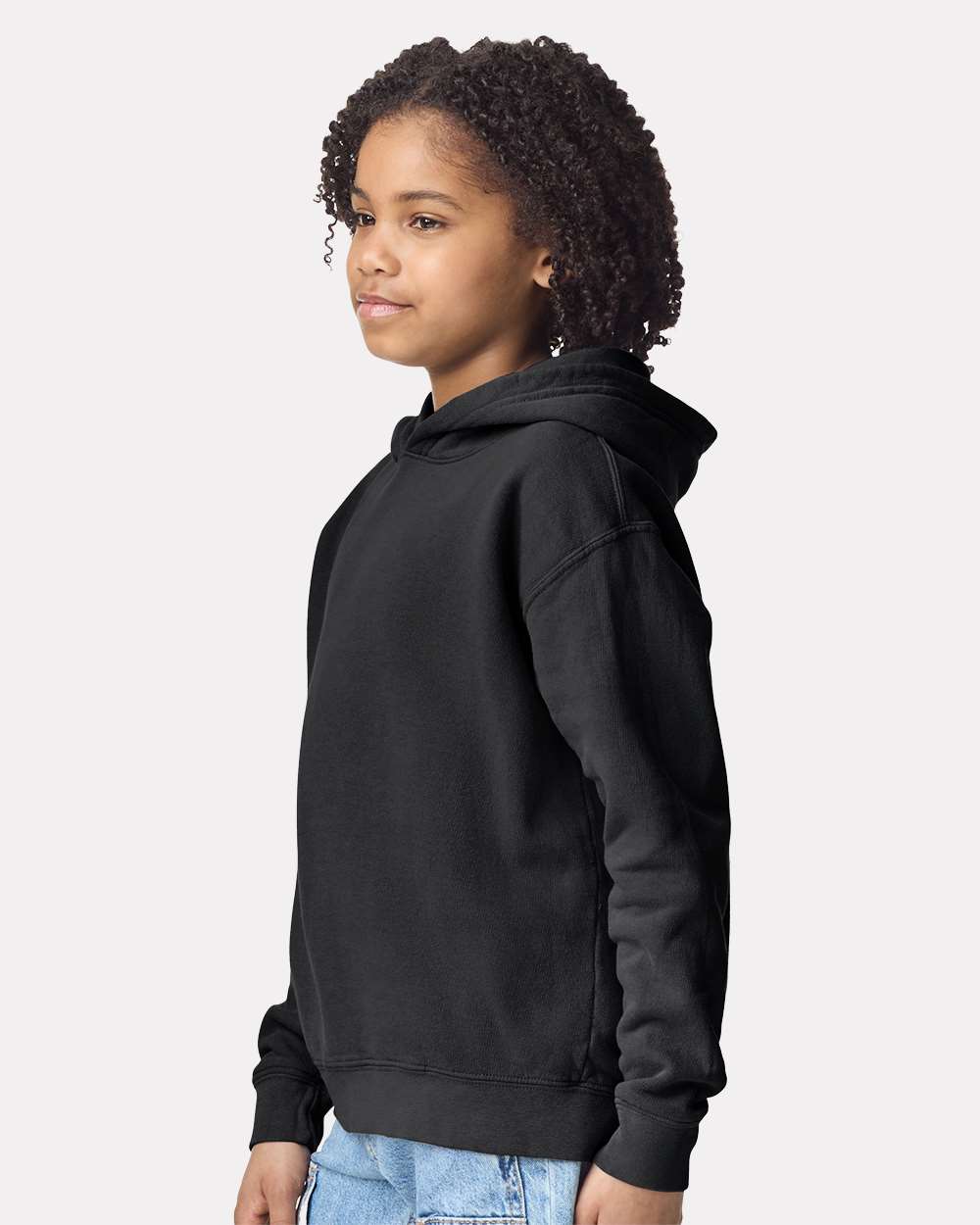 Youth Garment-Dyed Lightweight Fleece Hooded Sweatshirt Black - model side
