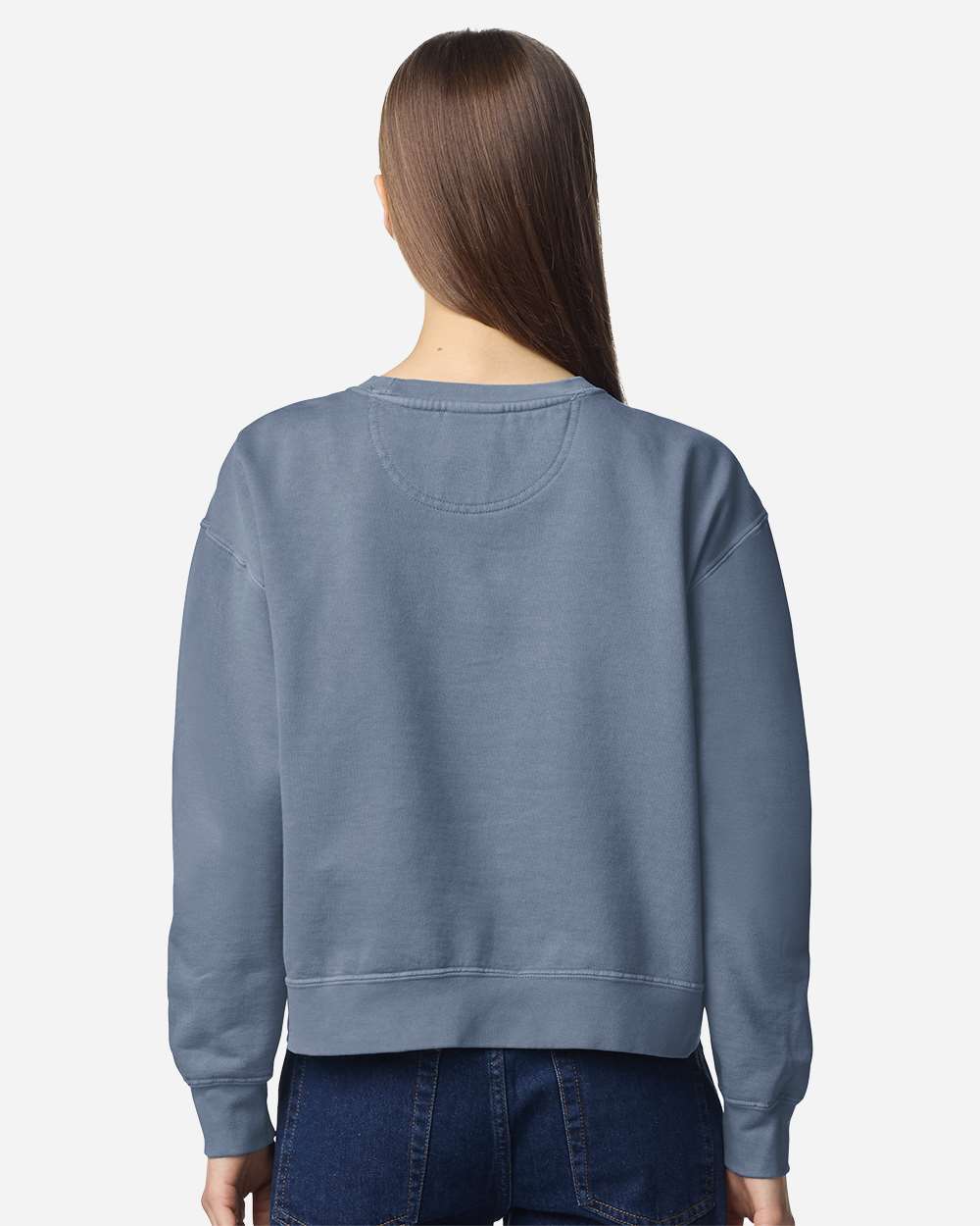 Women's Garment-Dyed Mid-Length Crewneck Sweatshirt Blue Jean - model back