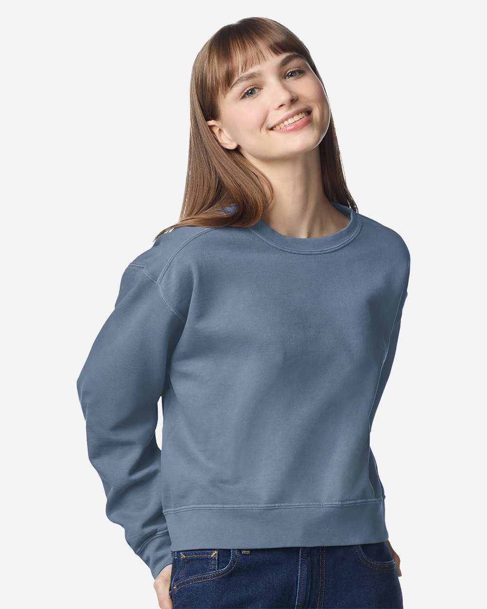 Women's Garment-Dyed Mid-Length Crewneck Sweatshirt Blue Jean - model front