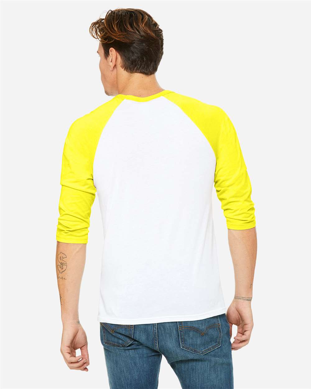 Unisex Three-Quarter Sleeve Baseball Tee White/ Neon Yellow - model back