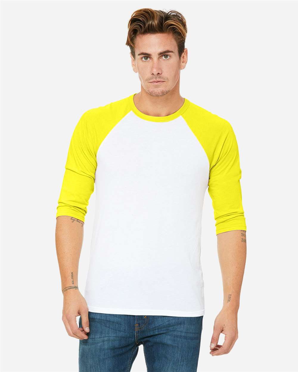 Unisex Three-Quarter Sleeve Baseball Tee White/ Neon Yellow - model front