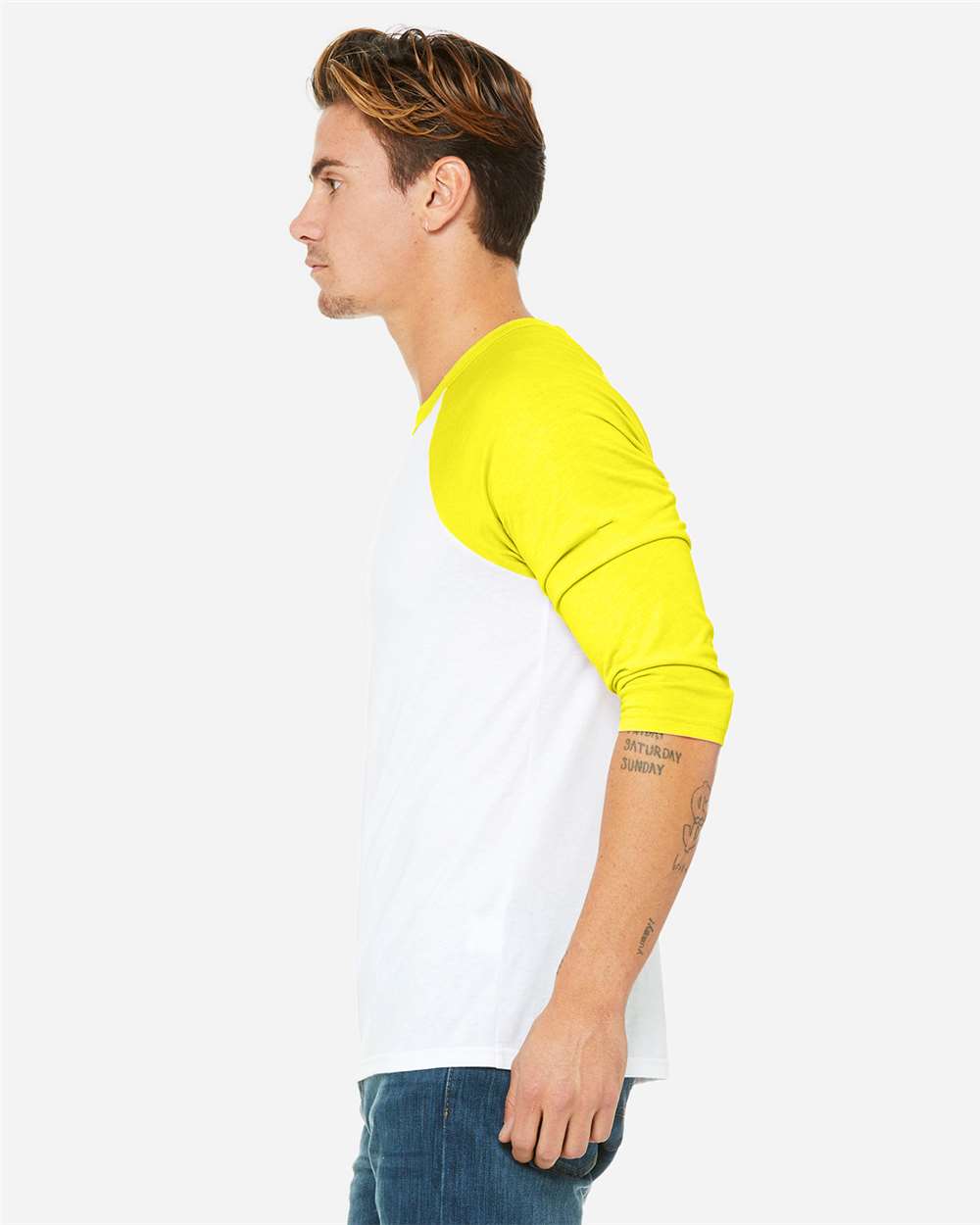 Unisex Three-Quarter Sleeve Baseball Tee White/ Neon Yellow - model side