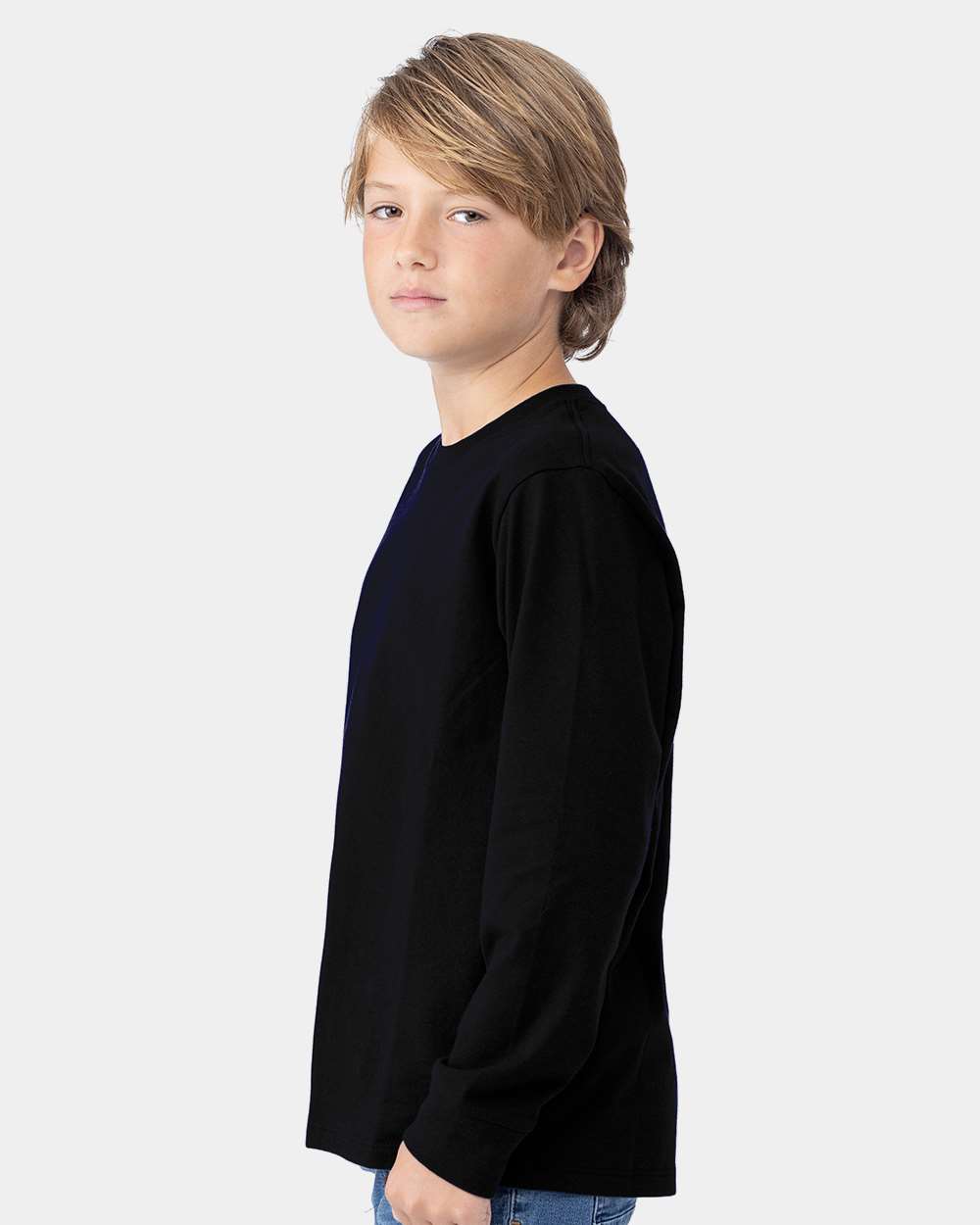Youth Cotton Long Sleeve T-Shirt Black - model side