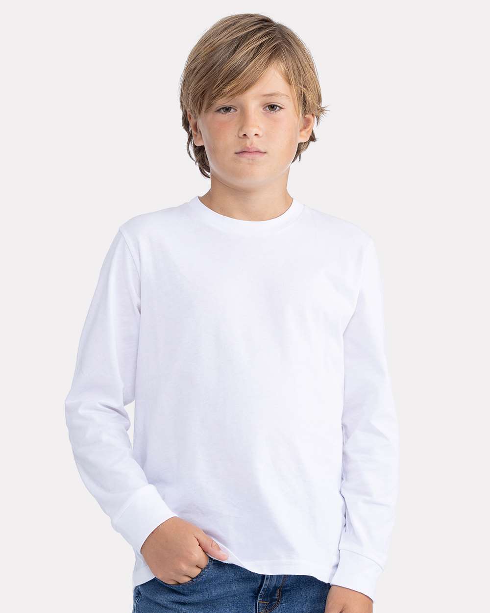 Youth Cotton Long Sleeve T-Shirt White - model front
