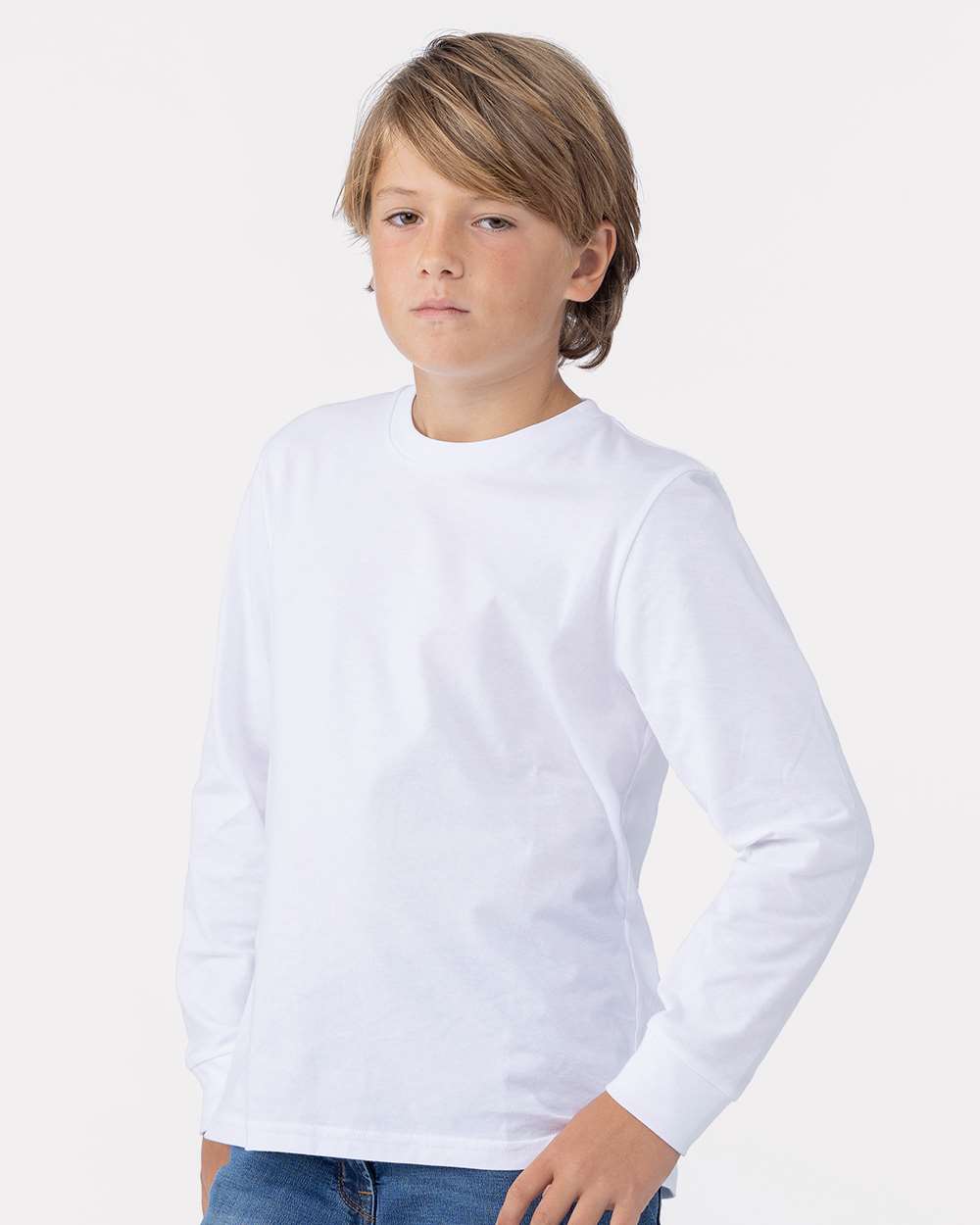 Youth Cotton Long Sleeve T-Shirt White - model side