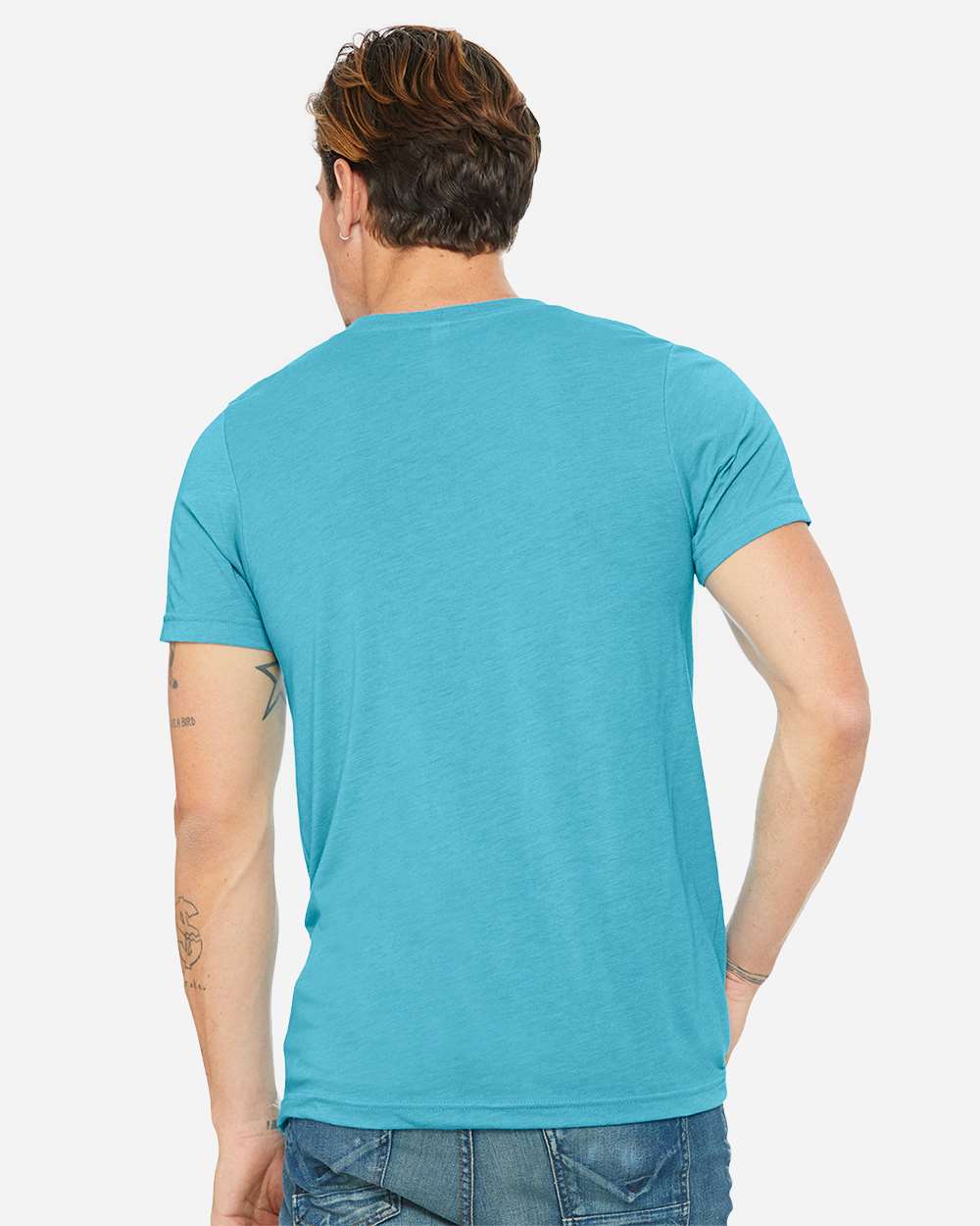Unisex Triblend V-Neck Tee Aqua Triblend - model back