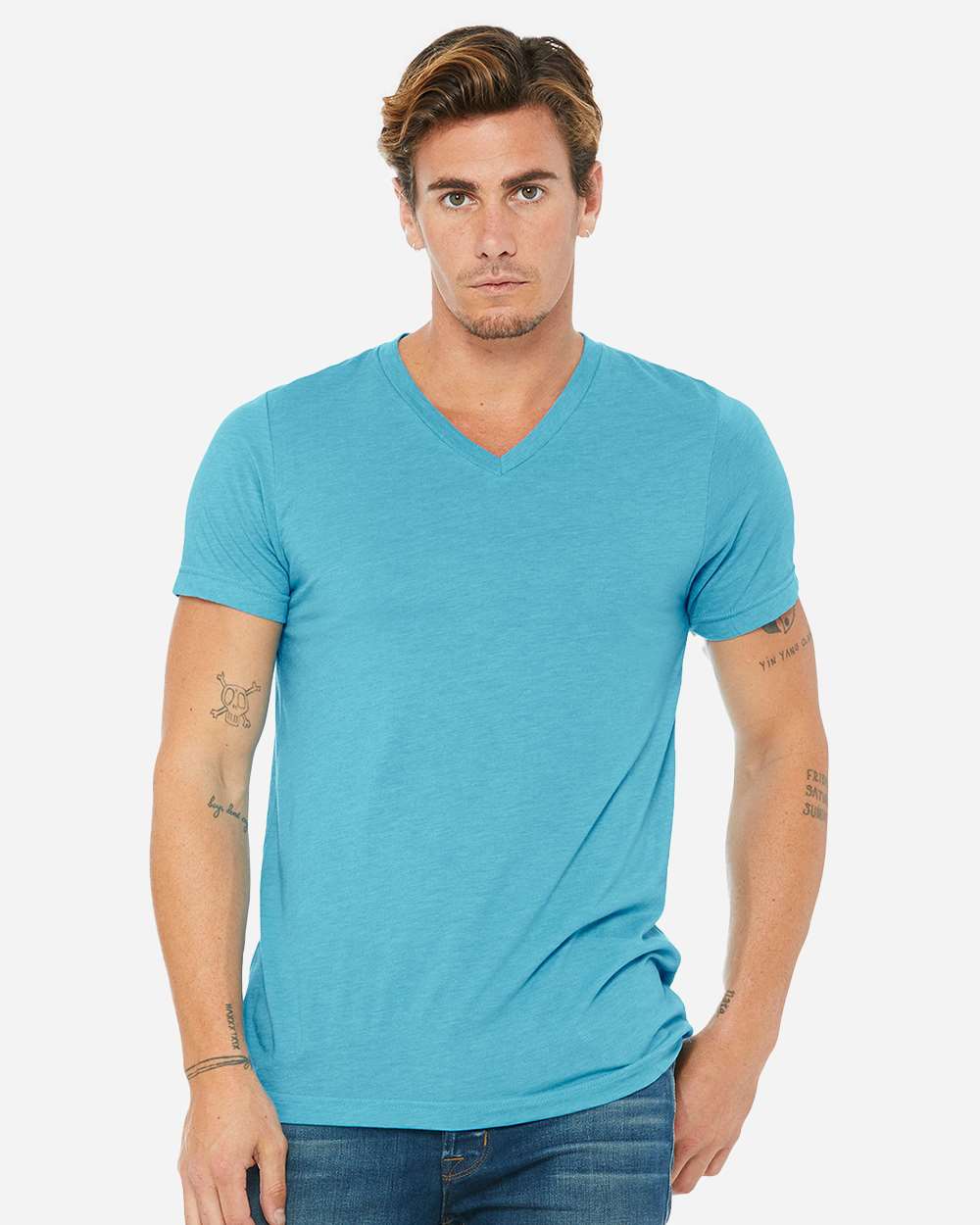 Unisex Triblend V-Neck Tee Aqua Triblend - model front