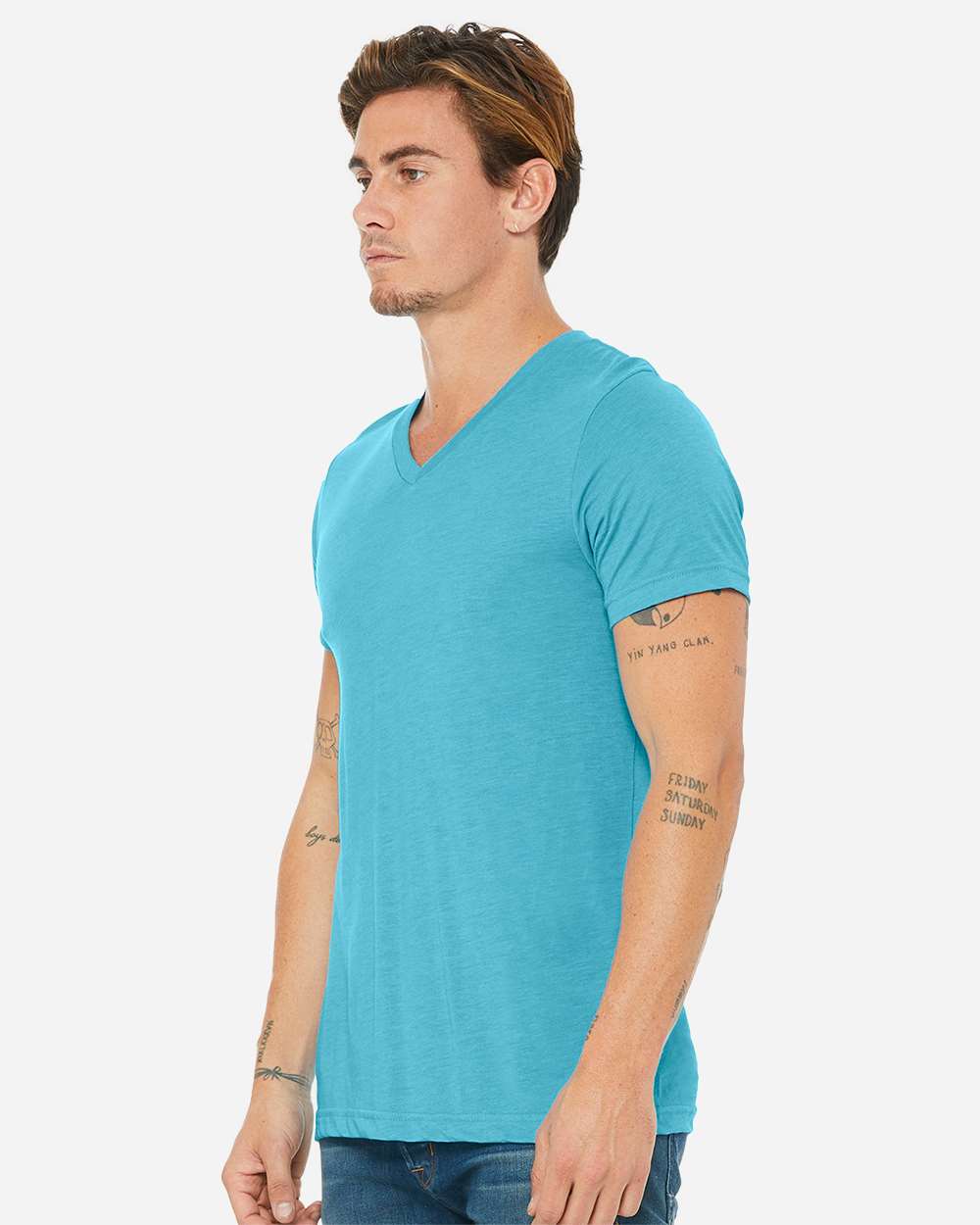 Unisex Triblend V-Neck Tee Aqua Triblend - model side
