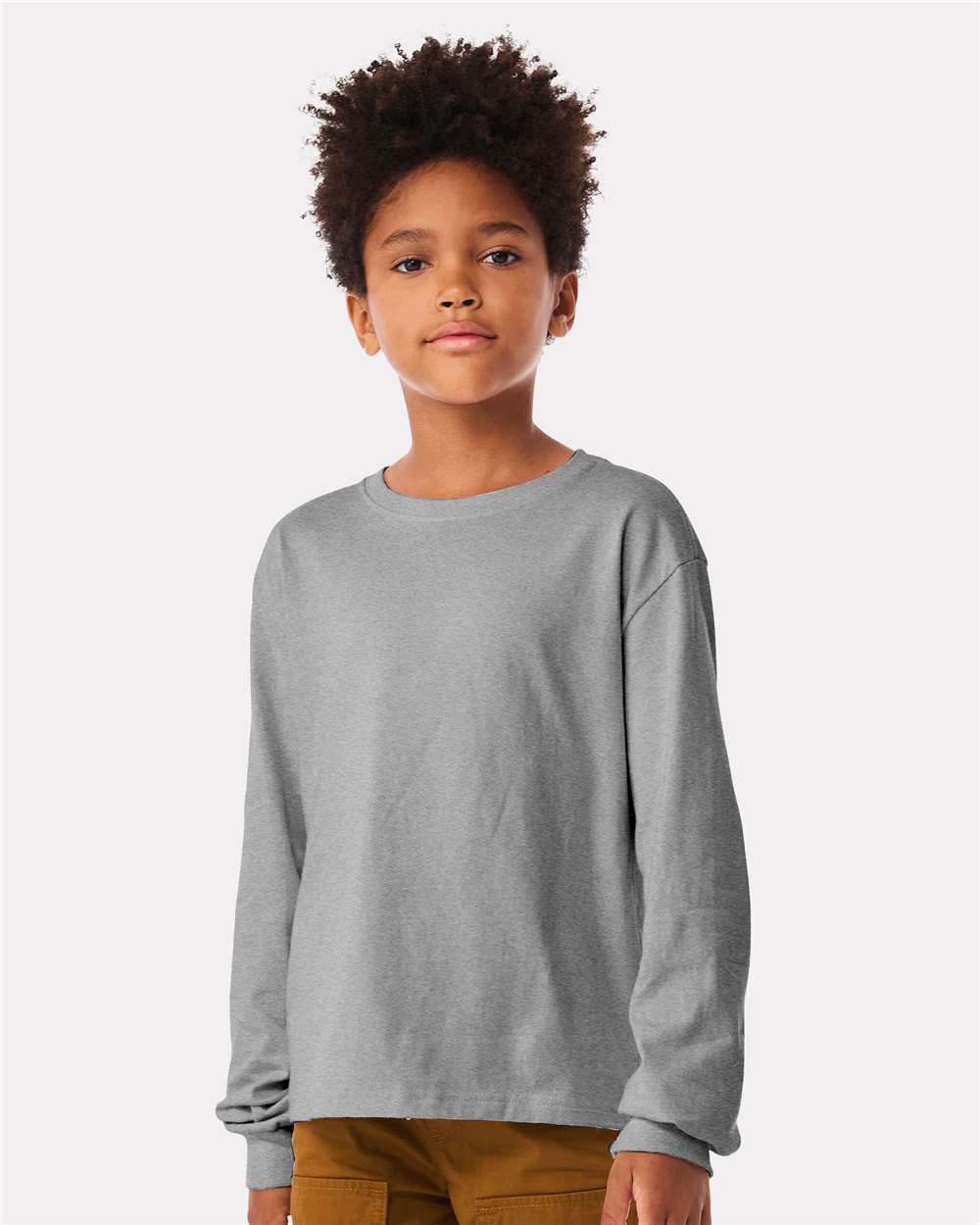 Youth 6oz. Heavyweight Long Sleeve Tee Athletic Heather - model front