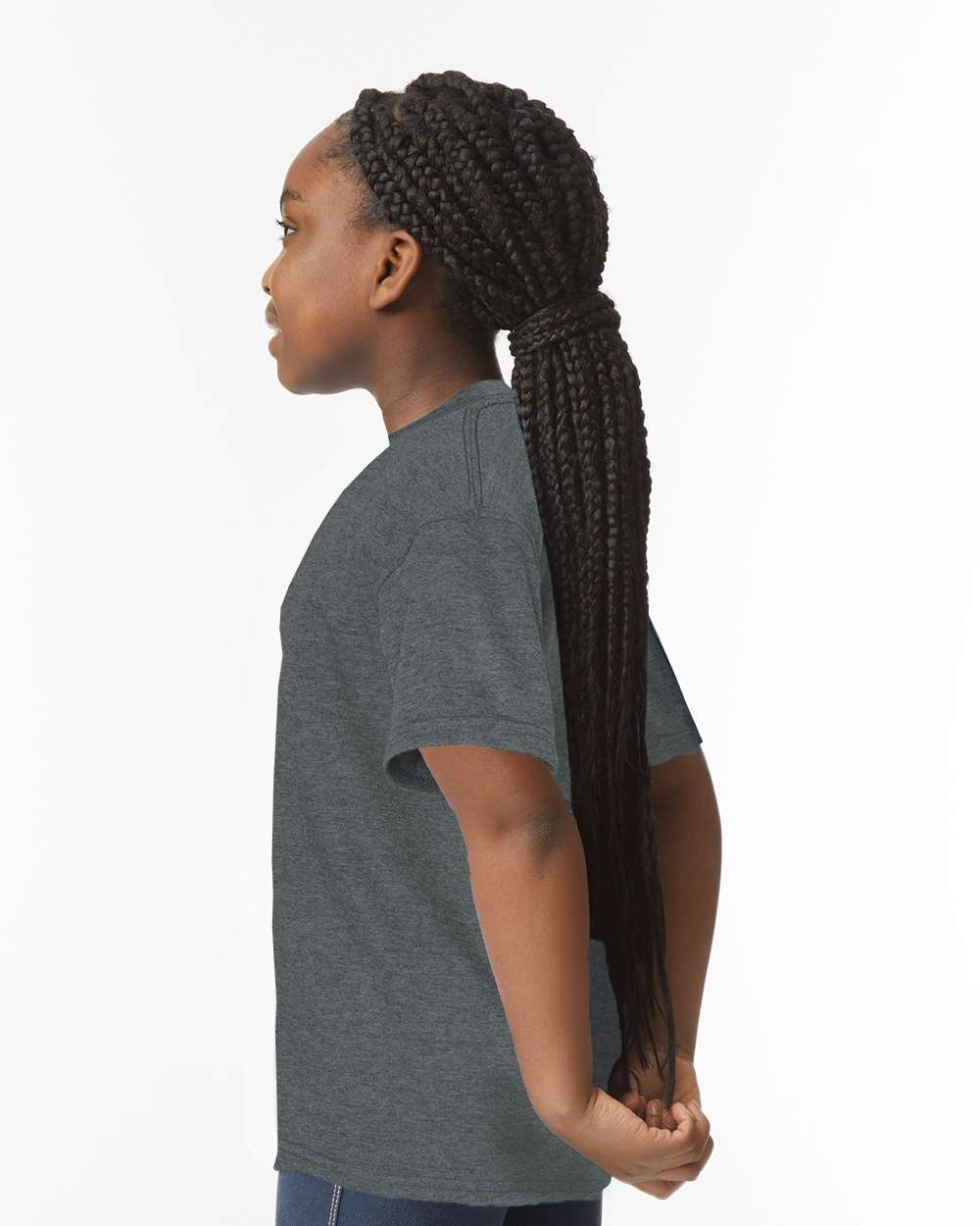 Youth Softstyle T-Shirt Dark Heather - model side