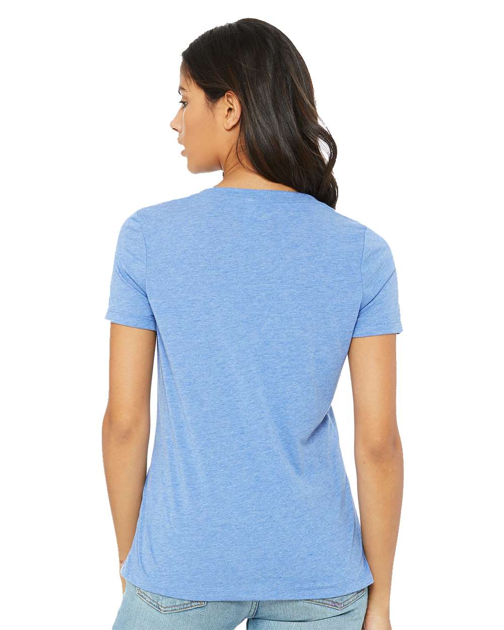 Women's Relaxed Triblend V-Neck Tee Blue Triblend - model back