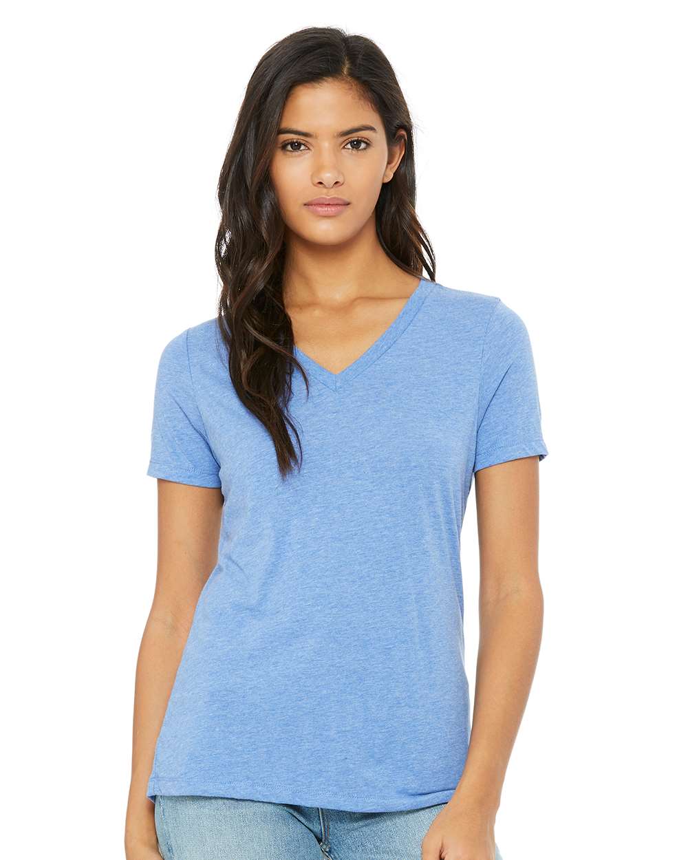 Women's Relaxed Triblend V-Neck Tee Blue Triblend - model front