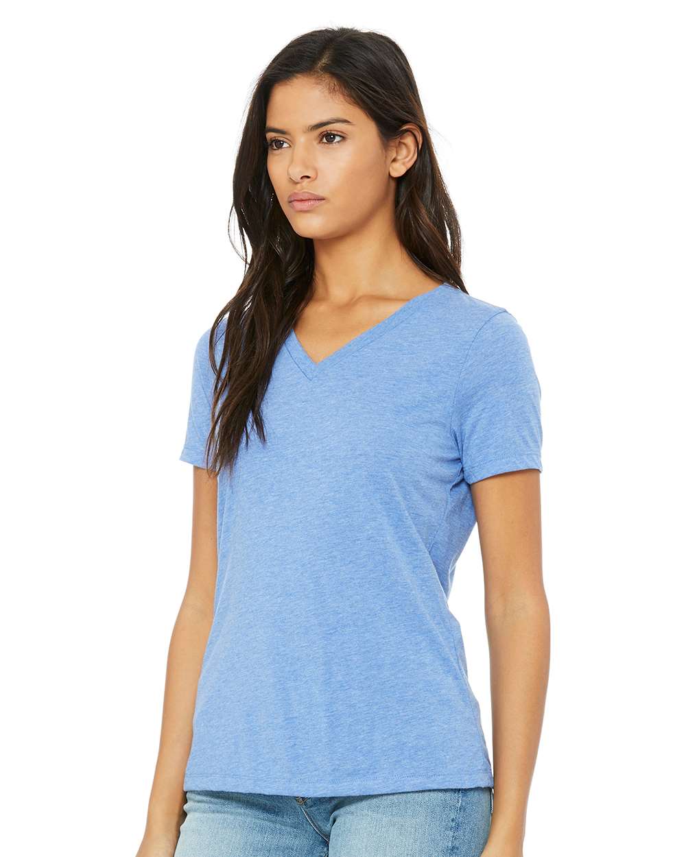 Women's Relaxed Triblend V-Neck Tee Blue Triblend - model side