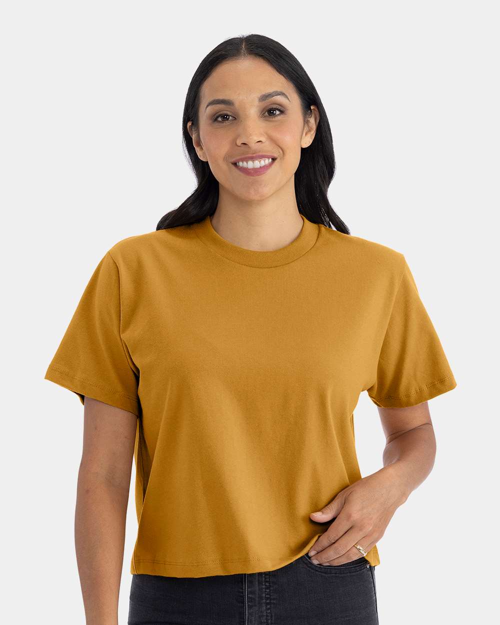 Women's Heavyweight Boxy T-Shirt Antique Gold - model front