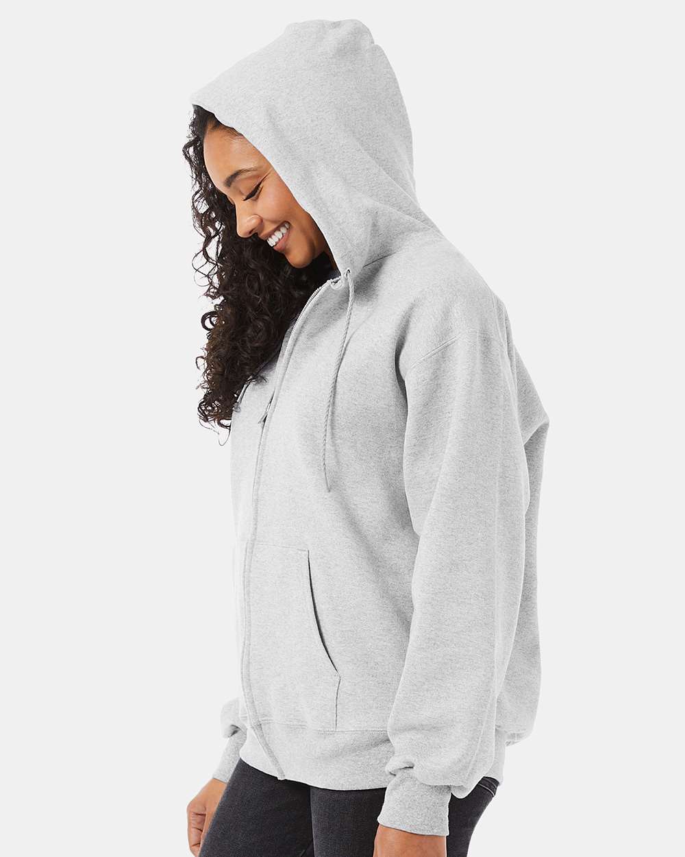 Unisex Ultimate Cotton Full-Zip Hooded Sweatshirt Ash - model side