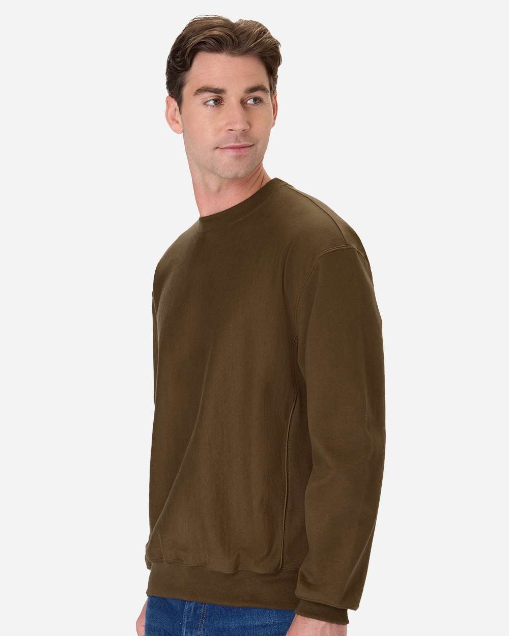 Unisex Beefy Sweats Premium Heavyweight Crewneck Sweatshirt Army Brown - model side
