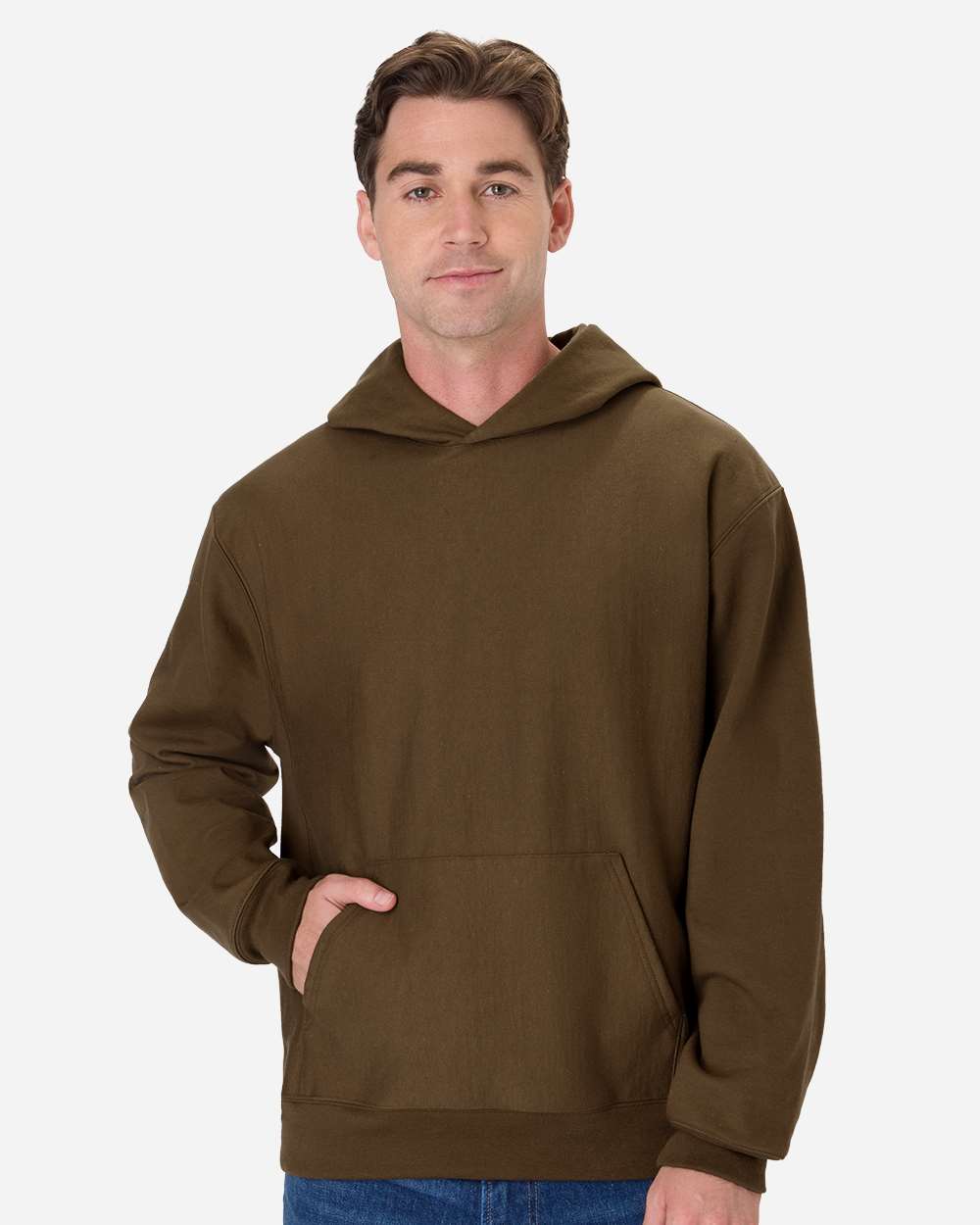 Unisex Beefy Sweats Premium Heavyweight Hooded Sweatshirt Army Brown - model front