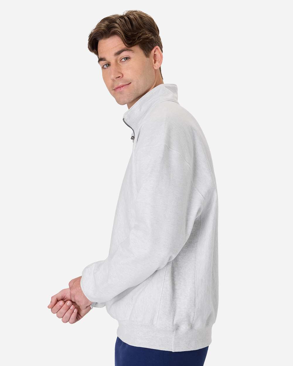 Men's Beefy Sweats Premium Heavyweight Quarter-Zip Sweatshirt Ash - model side