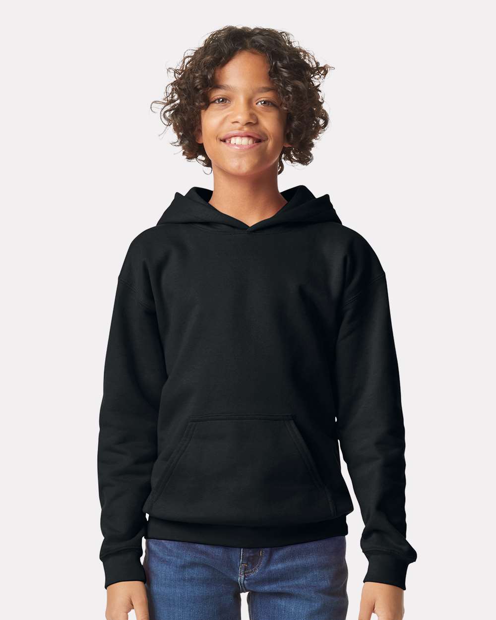 Youth Softstyle Midweight Hooded Sweatshirt Black - model front