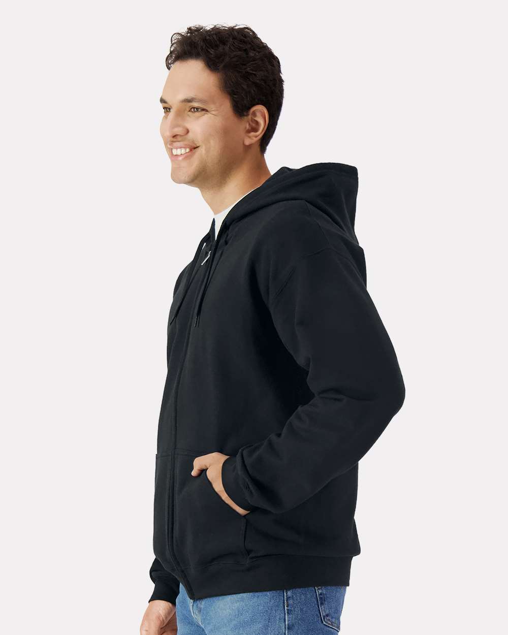 Unisex Softstyle Full-Zip Hooded Sweatshirt Black - model side