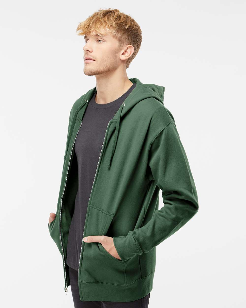 Unisex Midweight Full-Zip Hooded Sweatshirt Alpine Green - model side